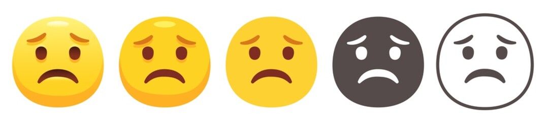 Sad emoji. Unhappy yellow face with furrowed eyebrows. Worried emoticon flat vector icon set