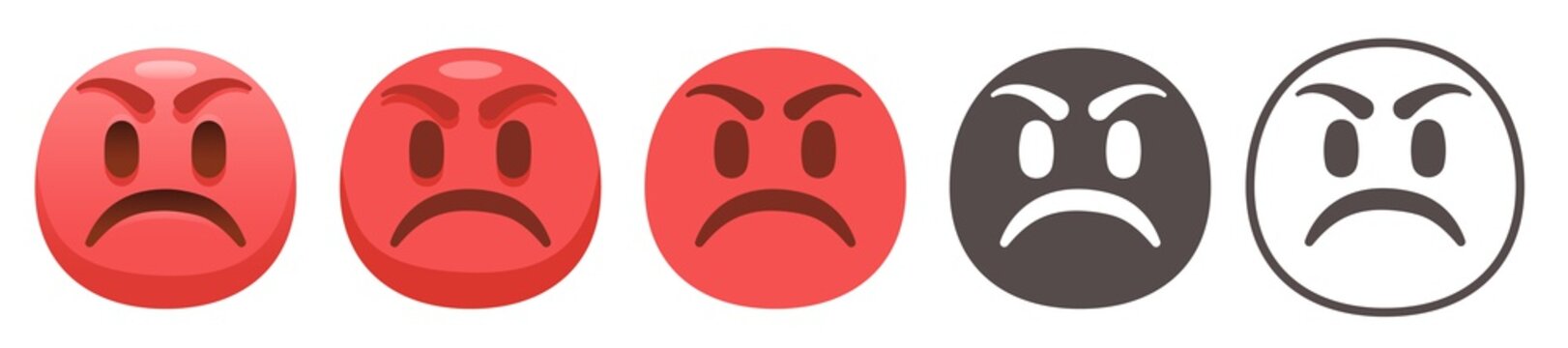 Pouting emoji. Grumpy red face with eyebrows scrunched downward and frowning mouth. Angry emoticon flat vector icon set