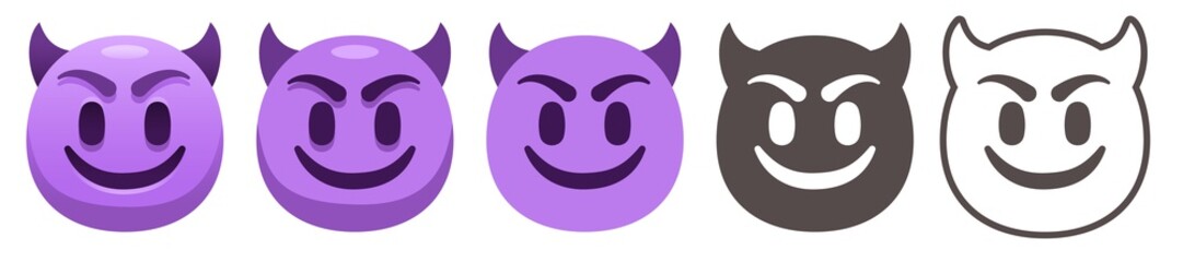 Smiling Face with Horns. Happy purple devil emoji, gloating demon emoticon and evil smile flat vector icons set