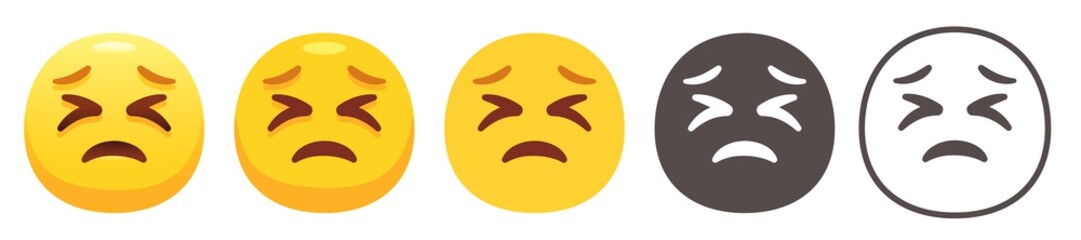 Persevering emoji. Helpless yellow face with scrunched eyes, sad smile and furrowed eyebrows. Holding back tears emoticon flat vector icon set