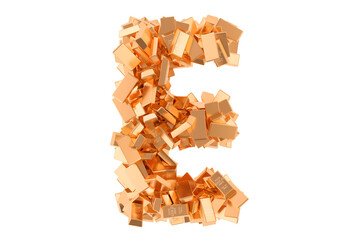 Letter E, from golden ingots. 3D rendering