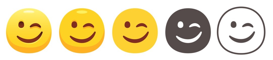 Winking Face. Funny yellow emoji icon, eye wink emoticon with smiling lips flat vector icons set - obrazy, fototapety, plakaty