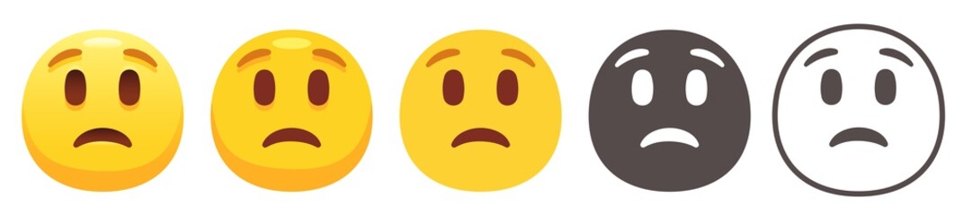 Worried emoji. Sad yellow face with raised eyebrows. Unhappy, unpleasantly surprised emoticon flat vector icon set