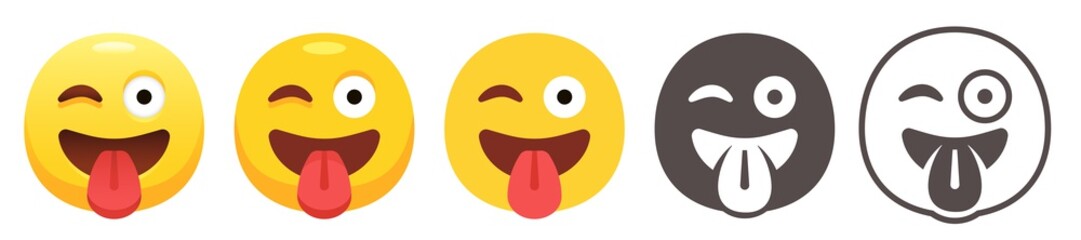 Winking emoji with tongue. Crazy yellow face with zany wink, sticking tongue out, right eye closed and left wide open. Funny emoticon flat vector icon set