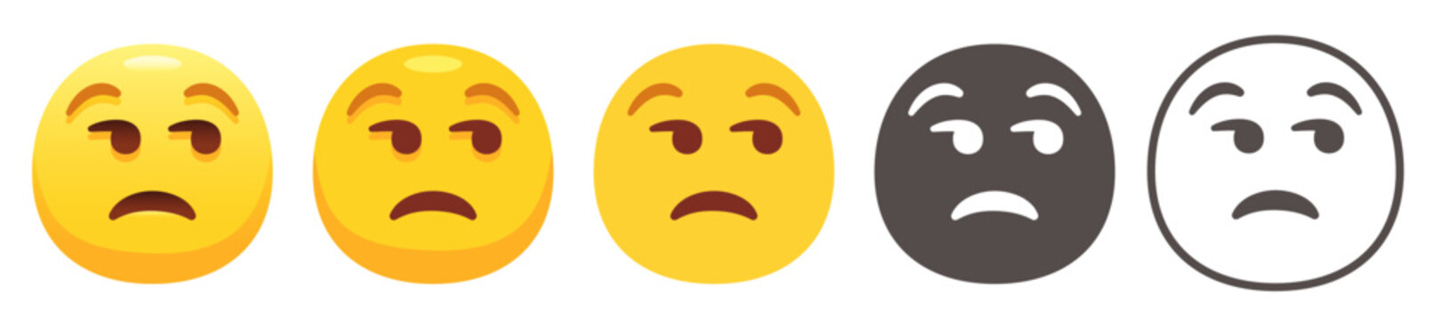 Unamused emoji. Unimpressed yellow face with raised eyebrows, sad smile and eyes looking to side. Meh emoticon flat vector icon set