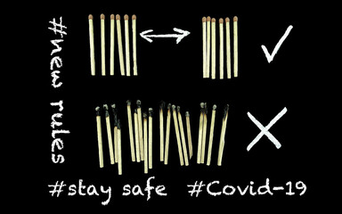 Matchstick made diagrams with chalk, arrows and hashtag on blackboard. Social distancing concept to prevent spread of coronavirus or Covid-19.