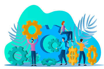 Business service.People and gears.Joint work, friendly team.Flat vector illustration.