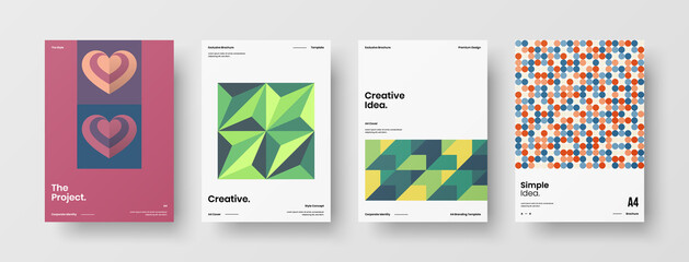 Fototapeta premium Company identity brochure template collection. Business presentation vector A4 vertical orientation front page mock up set. Corporate report cover abstract geometric illustration design layout bundle.