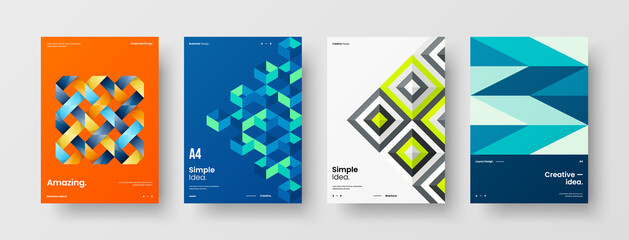 Company identity brochure template collection. Business presentation vector A4 vertical orientation front page mock up set. Corporate report cover abstract geometric illustration design layout bundle.