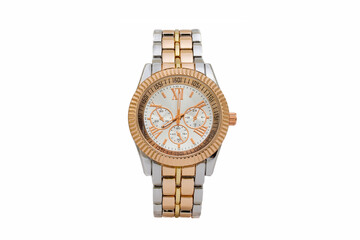 Two tone orange and silver colored chronograph wristwatch with metal oyster bracelet and white dial face with small dials, isolated on white background.