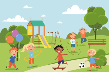 Obraz na płótnie Canvas Group of diverse young friends or children playing in a park skateboarding, kicking a ball, skipping, with balloons, doing yoga, colored vector illustration