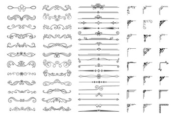 Very large set of decorative vector design ornaments or elements in black and white for patterns and corners