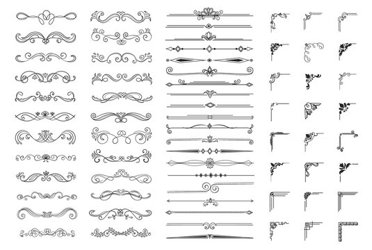 Very large set of decorative vector design ornaments or elements in black and white for patterns and corners