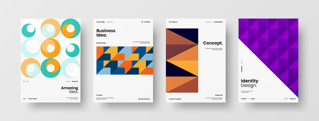 Fototapeta premium Company identity brochure template collection. Business presentation vector A4 vertical orientation front page mock up set. Corporate report cover abstract geometric illustration design layout bundle.