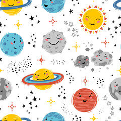 Space Seamless Pattern with Planets Solar System, Sun, Meteorite and Stars. Doodle Cartoon Cute Planet Smiling Face. Space Vector Background for Kids. Nursery Design, Birthday Party
