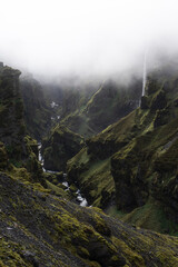 Extremely dramatic landscape on Iceland during a foggy day.