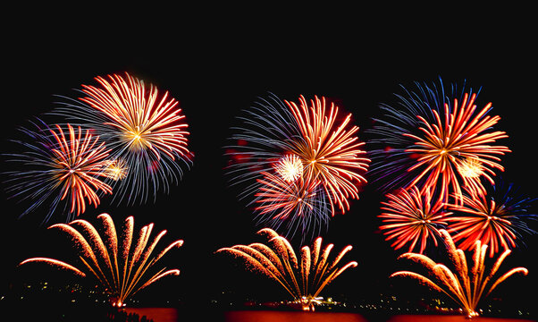 coloful fireworks on the black sky. camberra celebration fireworks. Abstract firework on black background with free space for text