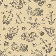Vector abstract seamless pattern on the theme of travel, adventure and discovery and pirates. Vintage repeating background with hand-drawn ships, anchors, islands and sea monsters.