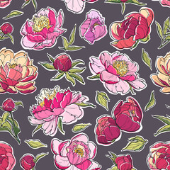 Peony flowers seamless pattern on white backgrounds. Colorful vector hand drawn illustration. For invitations, tattoo, greeting cards, decor
