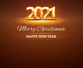 Greetings card warm color 2021 numbers. Shine and light on the dark background.