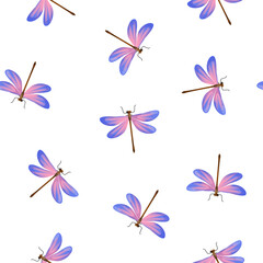 Fototapeta na wymiar Seamless pattern with color dragonflies on white.