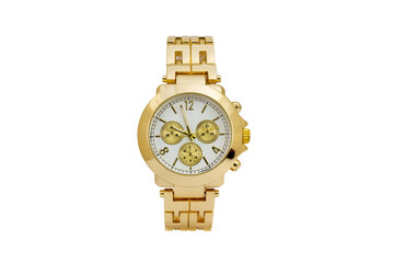 Gold shiny metal chronograph wristwatch. White dial face and numerals with small yellow dials isolated on white background.