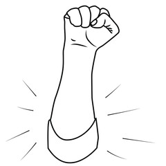 Fist raised up in vector format. Linear sign of strength and unity on a white background. Human hand contour for banners, brochures, covers, print.