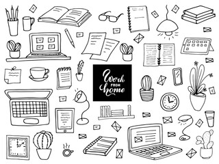 Remote work.  A set of items for the work of a freelancer.  Books, notebooks, pens, watches, cactus, lamp, laptop, personal computer, a cup of coffee.  Doodle style.  Vector drawing.