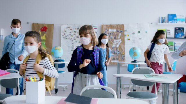 Group of children with face mask back at school after covid-19 quarantine and lockdown.