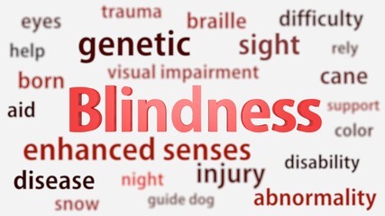 Blindness title surrounded by blurred words of context. Titles concept. 3d illustration.