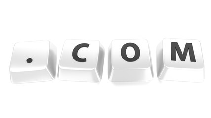.COM written in black on white computer keys. 3d illustration. Isolated background.