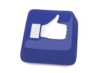 Thumb up icon in white on blue computer key. 3d illustration. Isolated background.