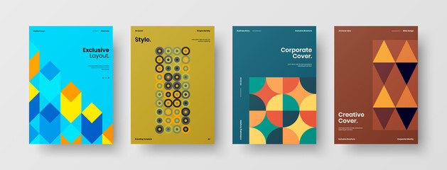 Naklejka premium Company identity brochure template collection. Business presentation vector A4 vertical orientation front page mock up set. Corporate report cover abstract geometric illustration design layout bundle.