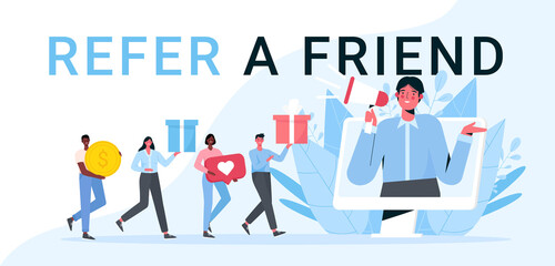 Refer A Friend flat vector illustration. Referral program and social media marketing, promotion method. Man shout on megaphone and attracts customers for money and gifts.