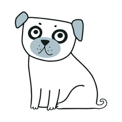Cute vector cartoon illustration of the pug dog or puppy. Black and white.