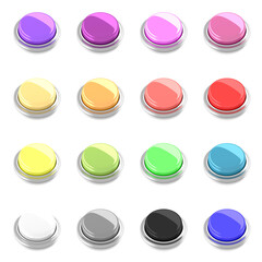 Collection of blank push buttons in different colors. 3d illustration. Isolated background.