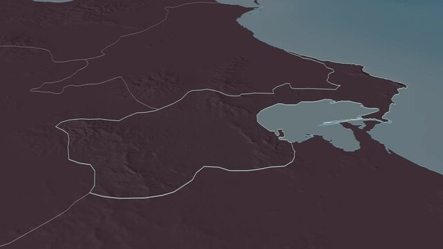 Tunis, governorate with its capital, zoomed and extruded on the administrative map of Tunisia in the conformal Stereographic projection. Animation 3D