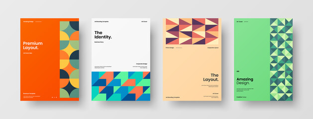 Company identity brochure template collection. Business presentation vector A4 vertical orientation front page mock up set. Corporate report cover abstract geometric illustration design layout bundle.