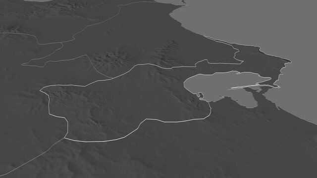 Tunis, governorate with its capital, zoomed and extruded on the bilevel map of Tunisia in the conformal Stereographic projection. Animation 3D