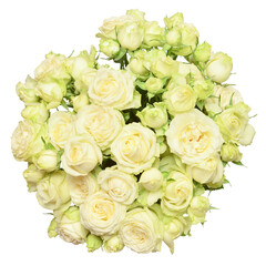 Bouquet bride of delicate roses flowers isolated on white background. Wedding card. Greeting. Summer. Spring time. Flat lay, top view. Love. Valentine's Day