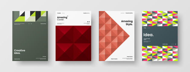 Fototapeta premium Company identity brochure template collection. Business presentation vector A4 vertical orientation front page mock up set. Corporate report cover abstract geometric illustration design layout bundle.