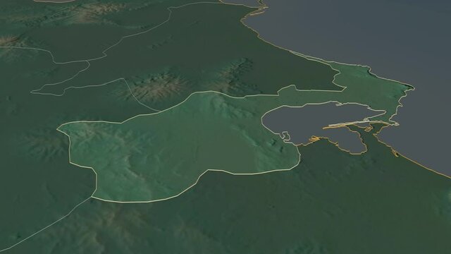 Tunis, governorate with its capital, zoomed and extruded on the relief map of Tunisia in the conformal Stereographic projection. Animation 3D