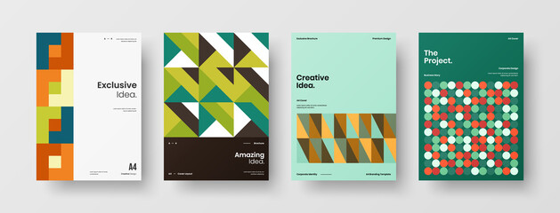 Fototapeta premium Company identity brochure template collection. Business presentation vector A4 vertical orientation front page mock up set. Corporate report cover abstract geometric illustration design layout bundle.