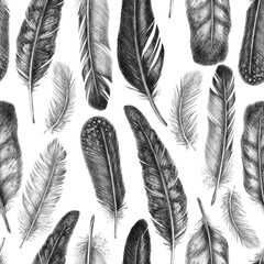 Freehand drawing quill. Tribal seamless pattern of feathers. Isolated on white background in graphic style.
