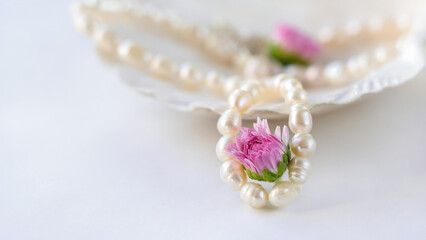 pearl beads lie on a shell along with pink flowers daisies on a white background