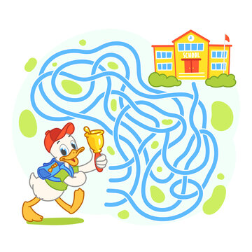 Help cute duck find the right path to school. Schoolboy with backpack go to school through labyrinth. Maze game for kids. Vector illustration