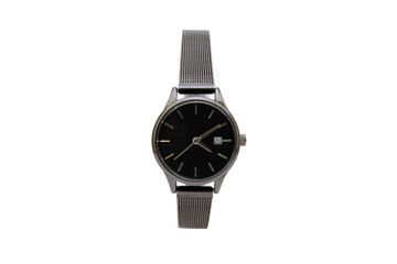 Classic round dress wristwatch with black matte metal mesh strap, black dial face and date function, isolated on white background.