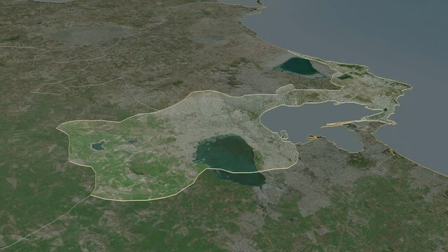 Tunis, governorate with its capital, zoomed and extruded on the satellite map of Tunisia in the conformal Stereographic projection. Animation 3D