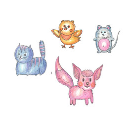 colored animal toys cat mouse chick fox