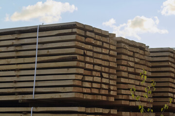 Pallet storage of wood in the company in the industrial zone of the city on a spring day